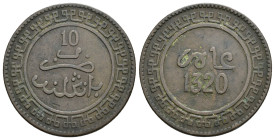 MONEDAS EXTRANJERAS. MARRUECOS. Abd al-Aziz. 10 mazuma. Birmingham 1320 H. BR 9,47 g. 29,8 mm. Y-17.2. MBC-/MBC.