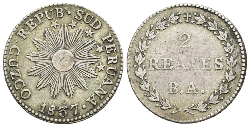 MONEDAS EXTRANJERAS. PERÚ. República sud-peruana. 2 reales. 1837. Cuzco. B.A. AR...