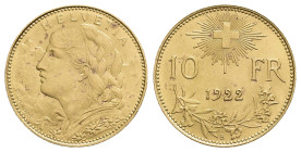 MONEDAS EXTRANJERAS. SUIZA. 10 francos. 1922. AU 3,23 g. 18,9 mm. KM-36. SC.