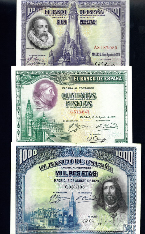 BILLETES ESPAÑOLES. Lote de 3 billetes 15 de agosto 1928: 100 pts. Serie A ED-C ...