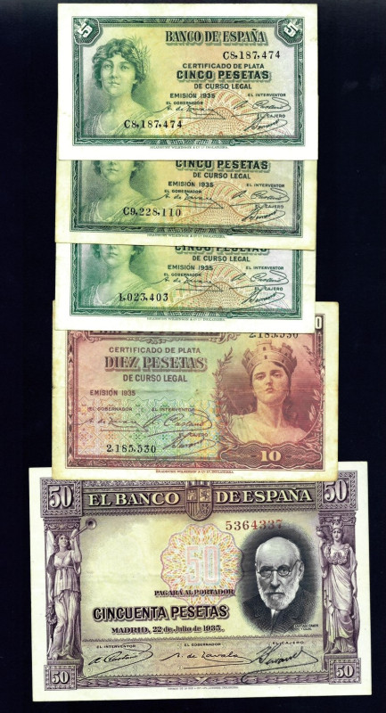 BILLETES ESPAÑOLES. Lote de 5 de billetes: 5 pts. 1935 ED-C 14a (3); 10 pts. 193...