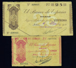 BILLETES ESPAÑOLES. Lote de 2 billetes: 5 pts. 30 de agosto 1936, Banco de Vizcaya en Bilbao ED C19A1, serie A, y 25 pts. 4 de septiembre 1936, Caja d...