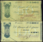 BILLETES ESPAÑOLES. Lote de 2 billetes Banco de España en Bilbao 1 de septiembre 1936. 50 y 100 pts. C-21 g y C22d. BC+.