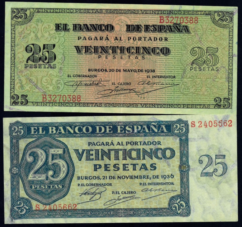 BILLETES ESPAÑOLES. Lote de 2 billetes. Banco de España en Burgos: 25 pts. 21 no...