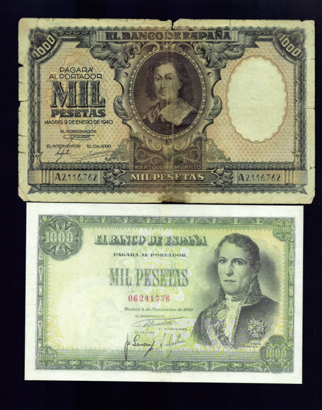 BILLETES ESPAÑOLES. Lote de 2 billetes de 1000 pts.: 9 de enero 1940 serie A, ED...