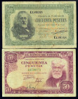 BILLETES ESPAÑOLES. Lote de 2 billetes de 50 pts. 9 de enero 1940, ED D-38a; 31 de diciembre 1951, Madrid ED D-63a. MBC-.
