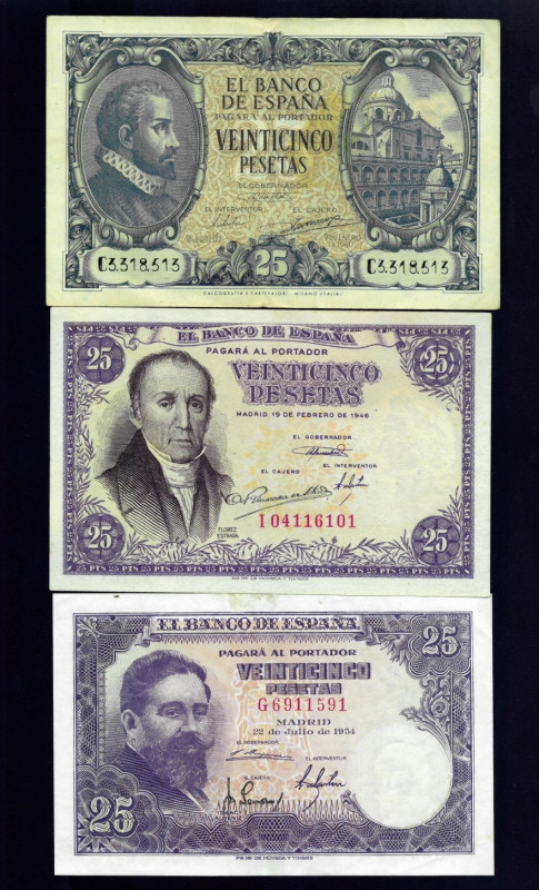 BILLETES ESPAÑOLES. Lote de 3 billetes de 25 pts.: 9 de enero 1940 ED-D 37a; 19 ...