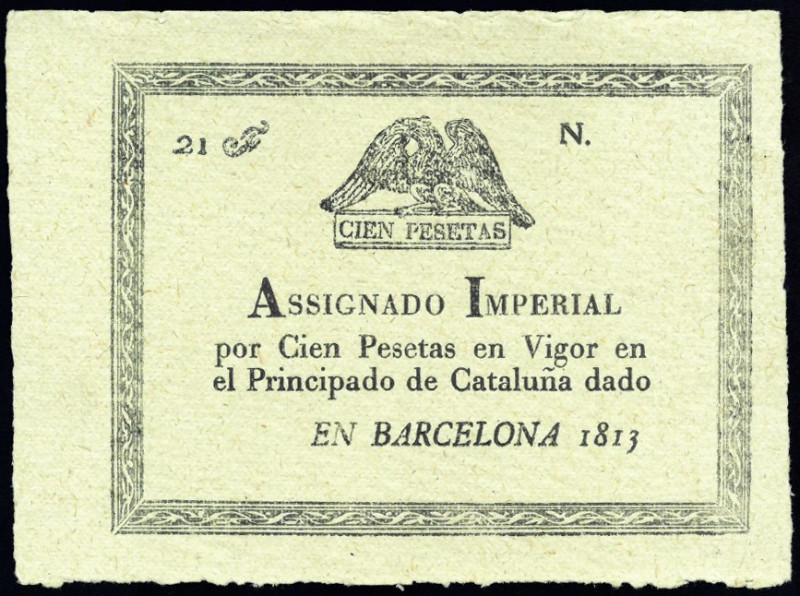 BILLETES ESPAÑOLES. José I Bonaparte. 100 pts. 1813. Barcelona. Asignado imperia...
