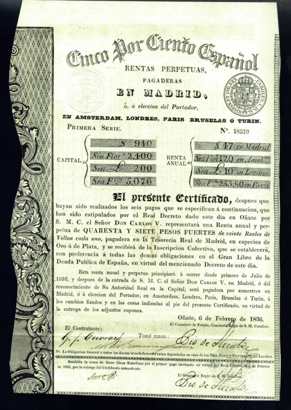 BILLETES ESPAÑOLES. Carlos V pretendiente. 47 pesos fuertes. 6 d febrero 1836. I...