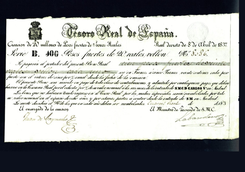 BILLETES ESPAÑOLES. Carlos V Pretendiente. 100 pesos fuertes. 8 de abril 1837. T...