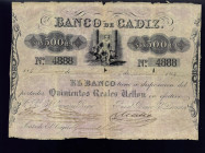BILLETES ESPAÑOLES. 500 reales. 25 de julio 1847. I Emisión Banco de Cádiz. ED-A 68. Perforaciones. MBC.