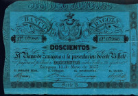 BILLETES ESPAÑOLES. 200 reales. 14 de mayo 1857. Banco de Zaragoza. Serie B. ED-A 118. Varios dobleces. MBC.