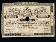 BILLETES ESPAÑOLES. 500 reales. 14 de mayo 1857. Banco de Zaragoza. Serie C. ED-A 119. Con taladro central. MBC.