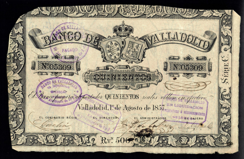 BILLETES ESPAÑOLES. 500 reales. 1 de agosto 1857. Banco de Valladolid. Serie C. ...
