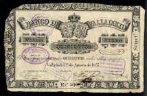 BILLETES ESPAÑOLES. 500 reales. 1 de agosto 1857. Banco de Valladolid. Serie C. ED-A 124. 4 sellos. MBC+.