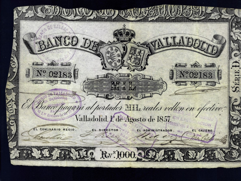 BILLETES ESPAÑOLES. 1000 reales. 1 de agosto 1857. Banco de Valladolid. Serie D....