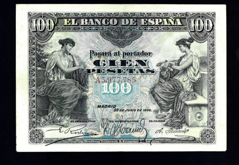 BILLETES ESPAÑOLES. 100 pts. 30 de junio 1906. Serie A. ED-B 97a. Apresto. EBC-....