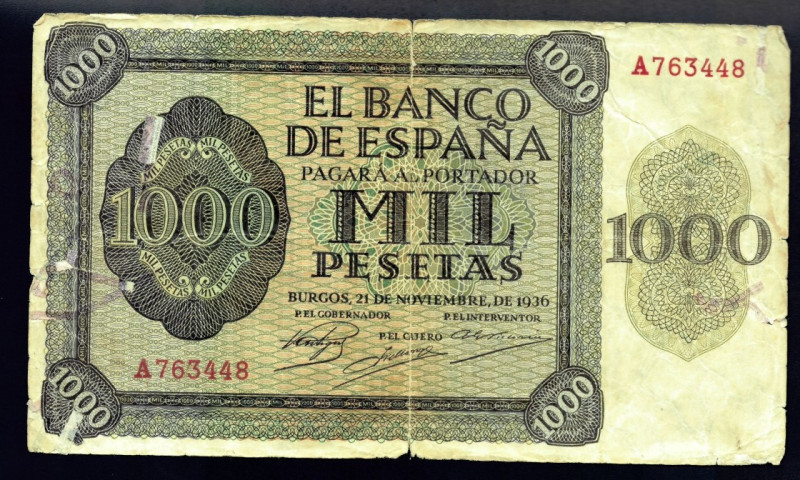 BILLETES ESPAÑOLES. 1000 pts. Banco de España en Burgos. 21 de noviembre 1936. S...