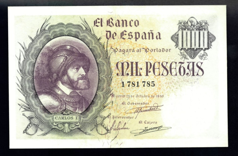 BILLETES ESPAÑOLES. 1000 pts. 21 de octubre 1940. Sin serie. ED-D 46. EBC.