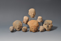 ARQUEOLOGÍA. PREHISPÁNICO. Región andina. Lote de 9 fragmentos de cabezas antropomorfas. Cerámica. Altura de 3 a 8 cm. Ex colección Barón Howard Strou...