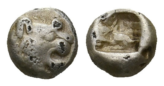 KINGS OF LYDIA. Alyattes (Circa 610-560 BC). EL Hemihekte.
0.86 Gr. 6.9 mm.