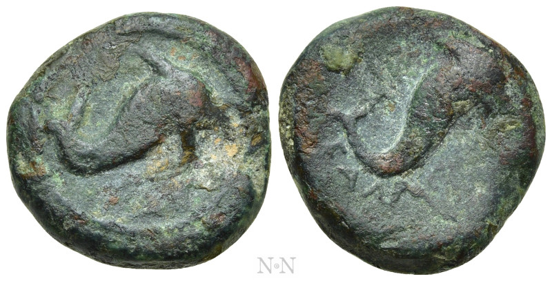 APULIA. Salapia. Ae (Circa 275-250 BC). 

Obv: Dolphin right.
Rev: ΣAΛΠ[. 
D...