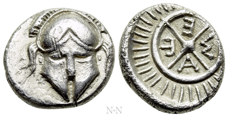 THRACE. Mesambria. Diobol (Circa 420-320 BC). 

Obv: Facing helmet.
Rev: M - ...