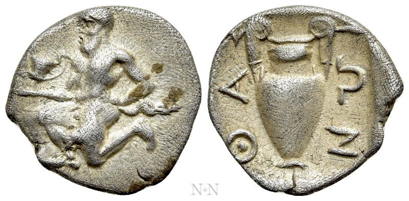 THRACE. Thasos. Trihemiobol (Circa 412-404 BC). 

Obv: Satyr kneeling left, ho...