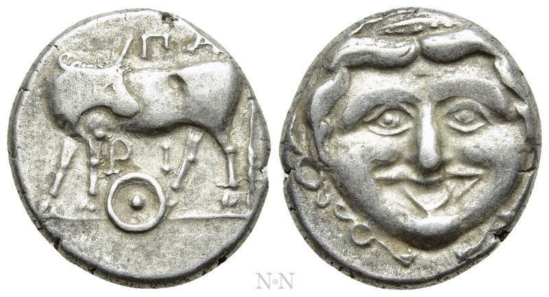 MYSIA. Parion. Hemidrachm (4th century BC).

Obv: ΠΑ / ΡΙ.
Bull standing left...