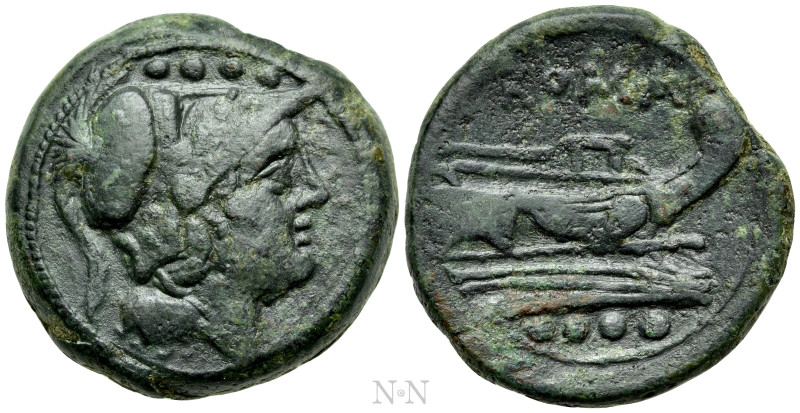 ANONYMOUS. Triens (After 211 BC). Uncertain mint. 

Obv: Helmeted head of Mine...