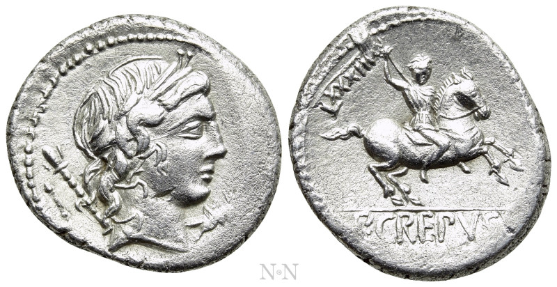 P. CREPUSIUS. Denarius (82 BC). Rome. 

Obv: Laureate head of Apollo right; be...