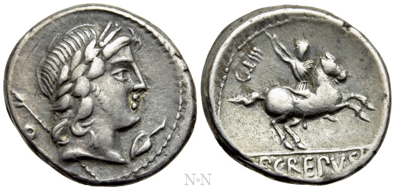 P. CREPUSIUS. Denarius (82 BC). Rome. 

Obv: Laureate head of Apollo right; be...