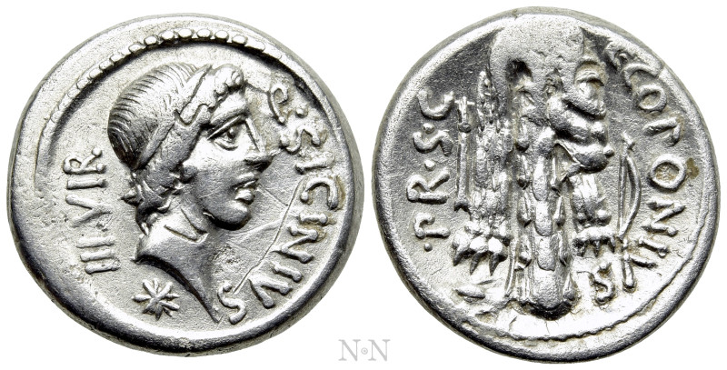 Q. SICINIUS & C. COPONIUS (49 BC). Denarius. Military mint in the East, moving w...