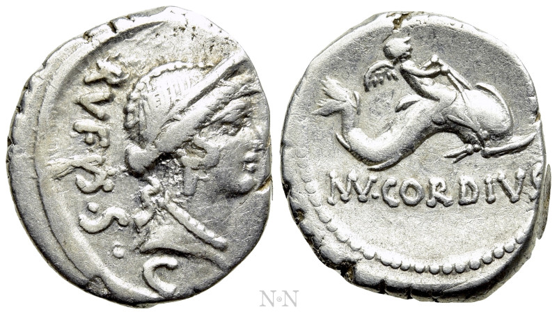 MN. CORDIUS RUFUS. Denarius (46 BC). Rome. 

Obv: RVFVS S C. 
Diademed head o...