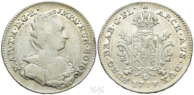 HOLY ROMAN EMPIRE. Maria Theresia (1740-1780). 1/2 Ducaton (1753). Antwerp. Stru...