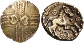 CELTIC COINS 
 BRITAIN 
 Catuvellauni. Addedomaros, c. 45-25 BC. Stater (Gold, 18mm, 5.58 g). Crossed wreaths with two crescents back to back at the...