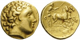 CELTIC COINS 
 GAUL 
 Uncertain tribe, Namur region . Mid 3rd century BC (?). Hemi­stater (Gold, 14mm, 4.12 g 4), imitating Philip II of Macedon. La...