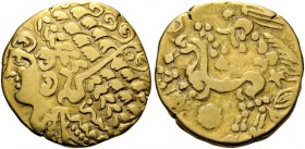 CELTIC COINS 
 GAUL 
 Ambiani . 2nd century BC. Stater (Gold, 21mm, 7.44 g 11). Celti­cized head of Apollo to left, with elaborate and extensive hai...
