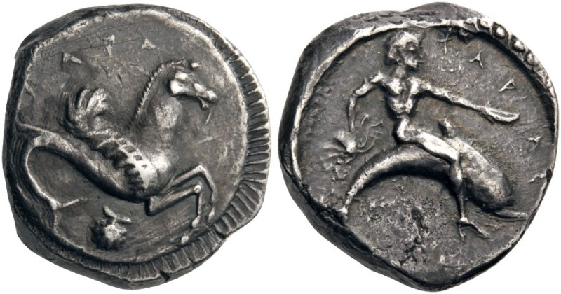 GREEK COINS 
 CALABRIA 
 Tarentum. Circa 490-480 BC. Nomos (Silver, 18mm, 18.1...