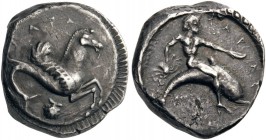 GREEK COINS 
 CALABRIA 
 Tarentum. Circa 490-480 BC. Nomos (Silver, 18mm, 18.18 g 9). ΤΑΡΑΣ Hippocamp to right; below, scallop; border of rays. Rev....