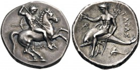 GREEK COINS 
 CALABRIA 
 Tarentum. Circa 315-302 BC. Stater (Silver, 21mm, 7.90 g 1). Nude rider on horse galloping to right, stabbing with spear he...