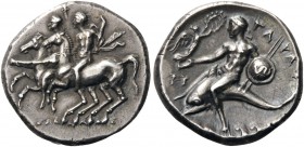 GREEK COINS 
 CALABRIA 
 Tarentum. Circa 280-272 BC. Stater (Silver, 19mm, 6.54 g 7), Phy..., Sodamos and Gu... The Dioscouri (or two ephebes), nude...