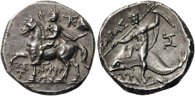 GREEK COINS 
 CALABRIA 
 Tarentum. Circa 240-228 BC. Nomos (Silver, 19mm, 6.39...