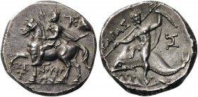 GREEK COINS 
 CALABRIA 
 Tarentum. Circa 240-228 BC. Nomos (Silver, 19mm, 6.39 g 10), Xenokrates. ΞΕ-ΝΟΚΡΑ/Τ-ΗΣ Armored cavalryman, riding horse mov...