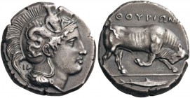 GREEK COINS 
 LUCANIA 
 Thourioi. Circa 400-350 BC. Distater (Silver, 25mm, 15.96 g 8). Head of Athena to left, wearing helmet adorned, on the bowl,...