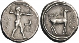 GREEK COINS 
 BRUTTIUM 
 Kaulonia. Circa 475-425 BC. Stater (Silver, 21mm, 8.04 g 6). ΚΑVΛ ( retrograde ) Apollo, nude, his hair bound with a taenia...