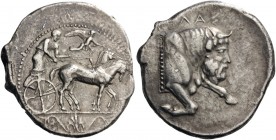 GREEK COINS 
 SICILY 
 Gela. Circa 450-440 BC. Tetradrachm (Silver, 29mm, 16.45 g 5). Quadriga driven slowly to right by a bearded charioteer; above...