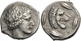 GREEK COINS 
 SICILY 
 Leontini. Circa 430-425 BC. Tetradrachm (Silver, 26mm, 17.92 g 3). Laureate head of Apollo to right. Rev. ΛEONTINON Head of a...