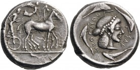 GREEK COINS 
 SICILY 
 Syracuse. Circa 475-470. Tetradrachm (Silver, 24mm, 17.45 g 7). Quadriga walking to right, driver holds the reins in his left...