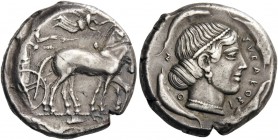 GREEK COINS 
 SICILY 
 Syracuse. 466-405 BC. Tetradrachm (Silver, 24mm, 17.27 g 2), c. 450. Charioteer driving quadriga walking to right, holding go...